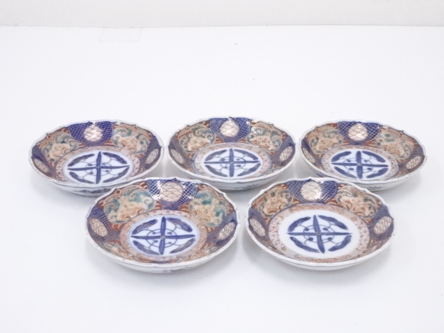 明治期　伊万里焼　染錦小皿5客